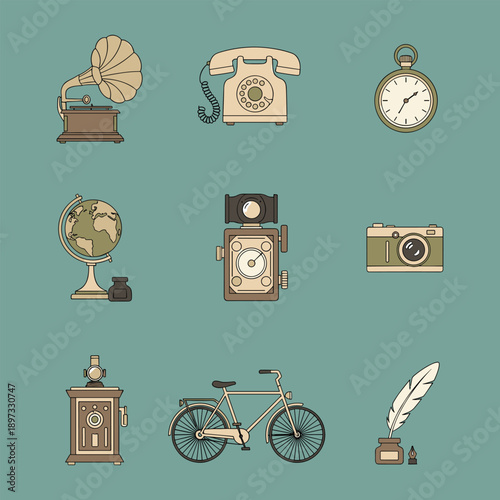 Vintage Communication and Travel Devices Illustration Set on Teal Background from Direct Viewpoint