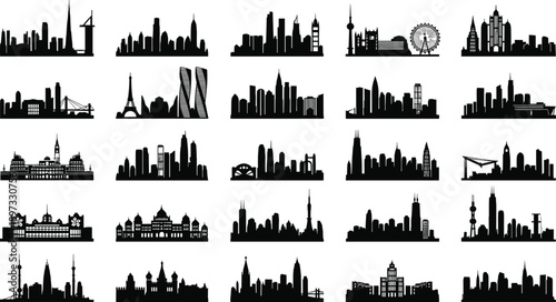 World city skyline silhouettes collection featuring famous global landmarks, modern and historic architecture, black and white vector illustration set