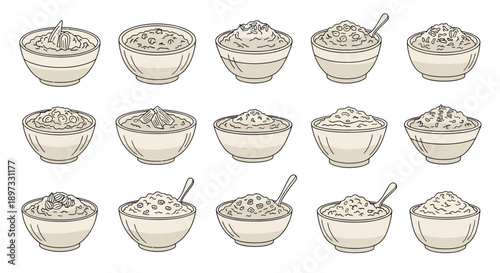 English (Main Title): Minimalist Hand-Drawn Vector Set of Rice Porridge and Oatmeal Bowls, Vintage Sketch Illustration for Healthy Breakfast Menu and Asian Congee