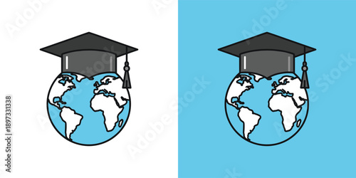 Graduation ceremony taking place on a global scale, symbolizing international education and academic achievement from a centered viewpoint