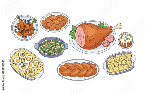 A delightful spread of traditional holiday dishes featuring ham, vegetables, and baked goods