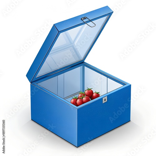 Open Blue Cooler Box with Fresh Tomatoes Inside Isolated on White Background.