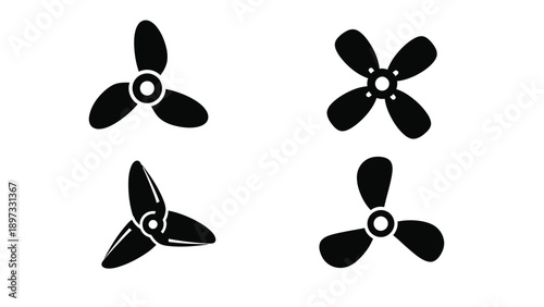 Four black fan blade designs displayed as a striking silhouette
