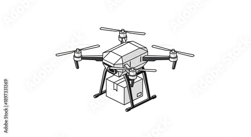 Quadcopter drone with cargo box illustration.