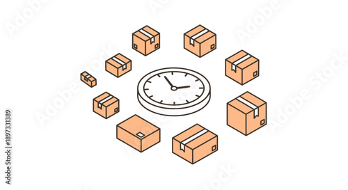 Isometric illustration of clock surrounded by packages.