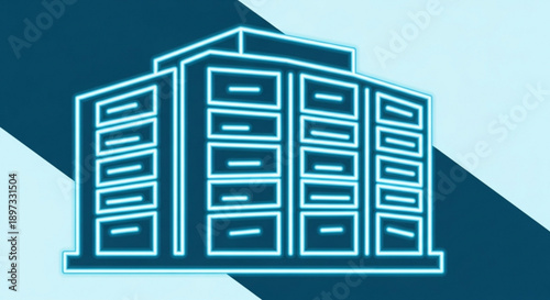 Teal line drawing of a multistory building on a colored background