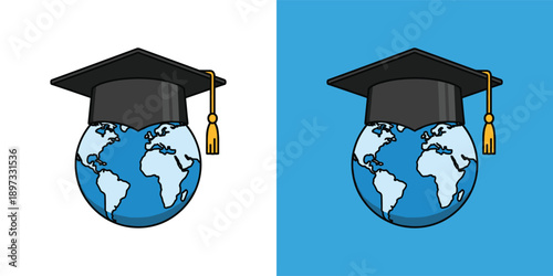 Graduation ceremony illustration featuring globe with graduation cap on top, symbolizing global education and academic achievement