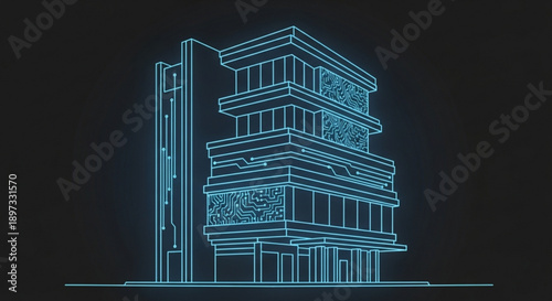 A blue line drawing of a multistory building with a unique design