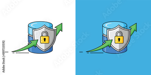 Shield icon with lock and arrow on blue and white backgrounds representing security and protection