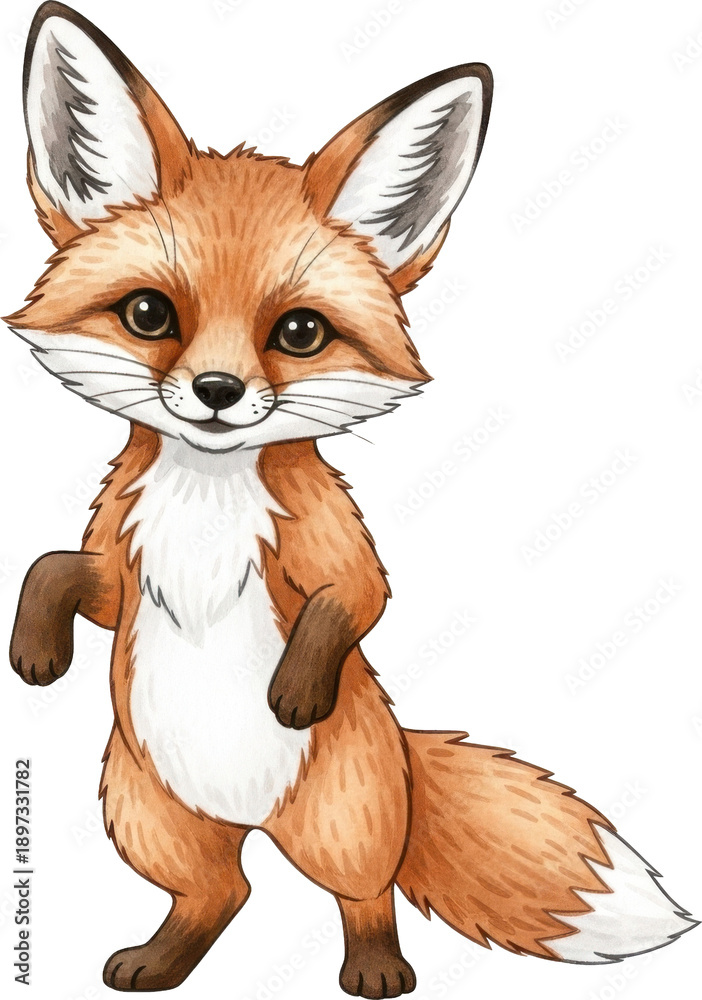 Obraz premium Adorable cartoon fox cub standing on hind legs on transparent background
