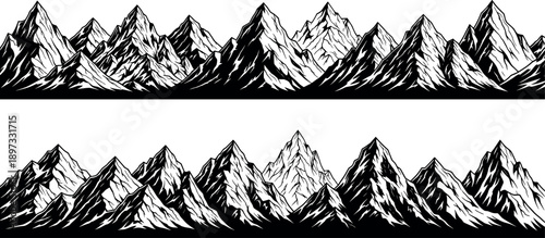 Black and white stylized mountain range silhouettes for nature, elevation, design, illustration – flavector