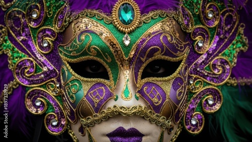 Mardi Gras Mask - Intricate and ornate mask in traditional Mardi Gras purple, green, and gold colors 