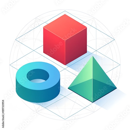 Geometric 3D Shapes Set with Pyramid, Cube, Sphere and Torus, Minimal Abstract Geometry Collection, Modern Mathematical Forms Illustration on White Background, Creative Design Elements.