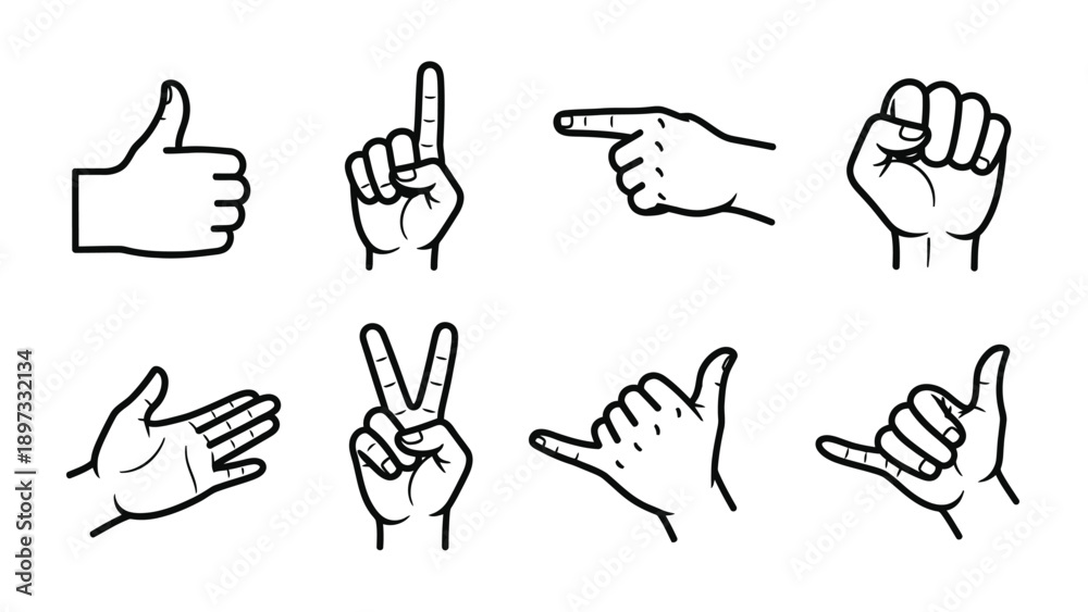 Fototapeta premium Various hand gestures depicted in simple black and white silhouette