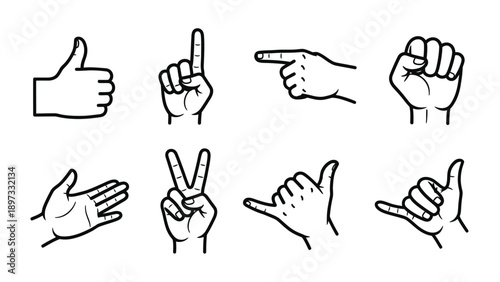 Various hand gestures depicted in simple black and white silhouette
