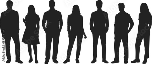 Silhouette group of seven diverse people standing side by side in relaxed poses representing teamwork, diversity, anonymity, individuality, and social identity illustration