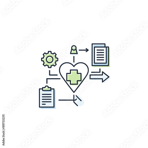 Healthcare process flow diagram with medical icons.