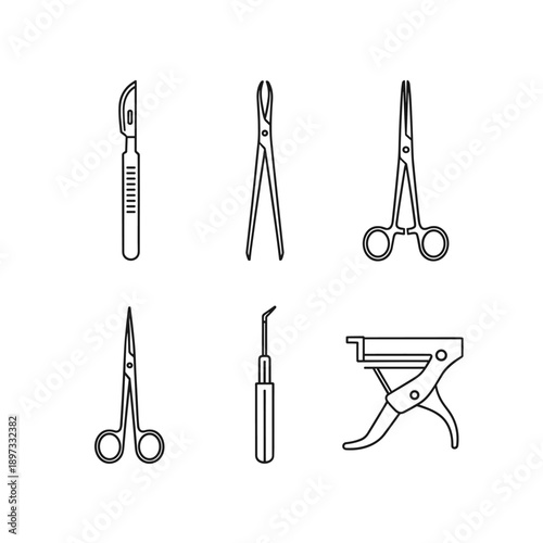 Collection of Surgical Instruments Vector Line Art.