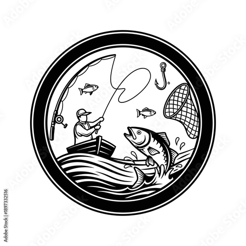 Fishing Adventure Scene with Fisherman in Boat Catching a Jumping Fish Illustration
