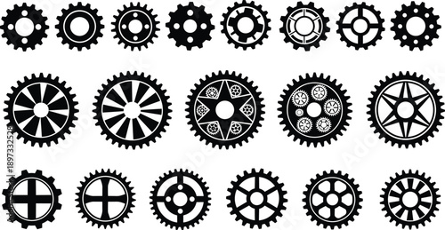 Gear wheels collection, black sprocket icons, mechanical engineering symbols, industrial machinery parts, technical elements, cad drawing flat vector illustration, clockwork gears.