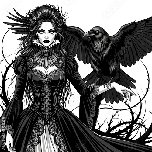 Gothic Woman with Raven Detailed Illustration Dark Fantasy Style Art