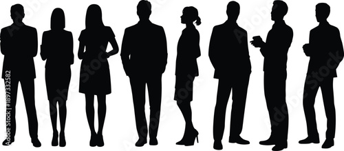 Silhouette illustration of eight business professionals standing side by side—black vector design for corporate team, workplace diversity, leadership, and business-themed graphics.