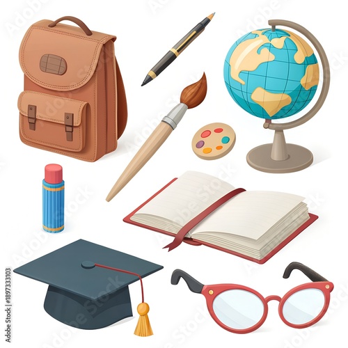 School and Education Supplies Set with Backpack, Books, Globe and Graduation Cap Illustration.