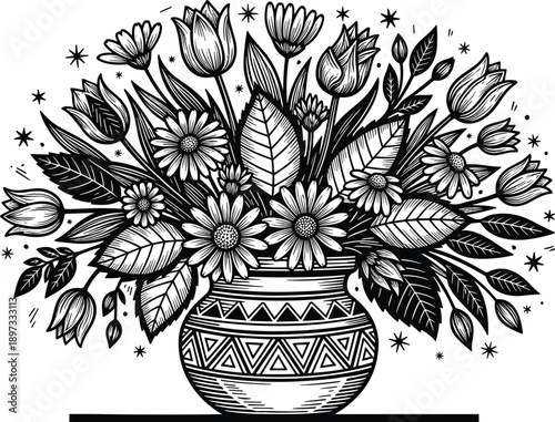 Hand drawn black and white floral bouquet in decorative vase featuring blooming tulips and daisies with leaves and stars for adult coloring book page.