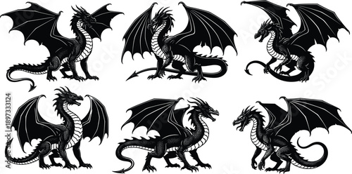 Black dragon silhouettes set, mythical creature icons, fantasy monster collection, winged beast symbols, cad drawing flat vector illustration, legendary animal pack.