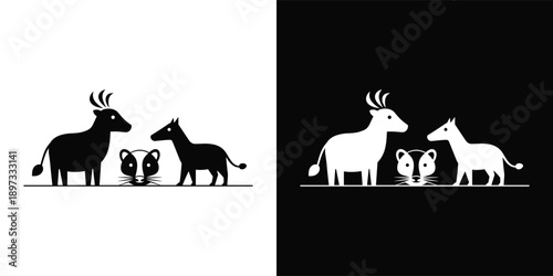 Simple illustration of animals interacting together in a minimalist landscape viewed from the side