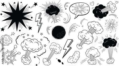 Comic book explosion set, lightning bolt icons, smoke cloud speech bubbles, action effect elements, cad drawing flat vector illustration, cartoon sparks.