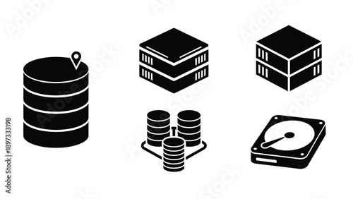 Data storage icons in black cylinder servers and hard drive silhouette