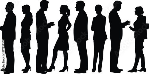 Silhouette illustration of professionals interacting in pairs—black vector design for business communication, teamwork, networking, leadership, and corporate-themed graphics.