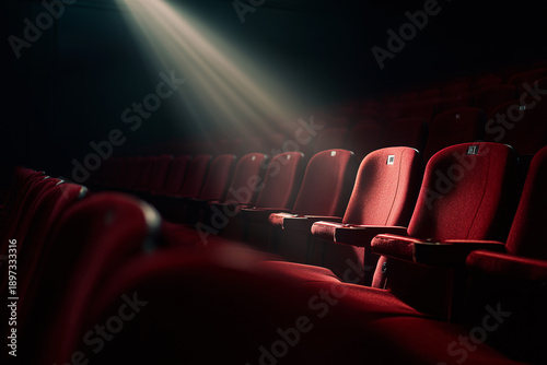 cene inside a movie theater with rows of red velvet seats. A single seat in the foreground is illuminated by a strong focused beam of light coming from above