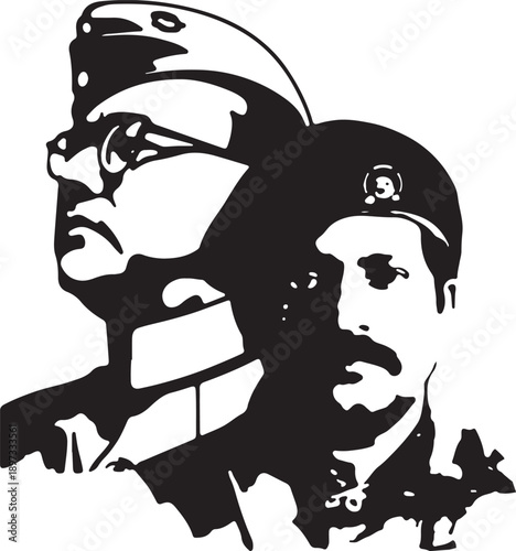 A powerful black and white silhouette tribute to indian freedom fighters subhas chandra bose and bhagat singh. Vector, illustration