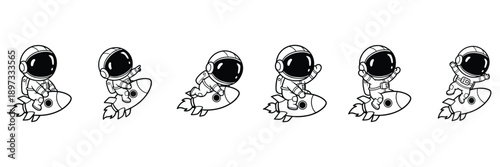 Cute cartoon astronaut collection with rocket in black and white outline illustration