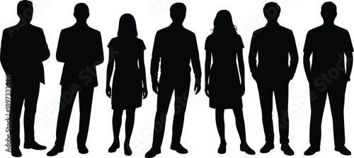 Silhouettes of diverse individuals standing in a row, professional group concept, teamwork, unity, anonymity, and diversity in business or social settings