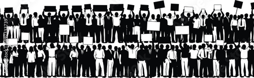 Large Silhouette Crowd of Diverse People and Business Professionals Holding Blank Signs and Banners During a Peaceful Protest Rally or Social Justice Activism Event