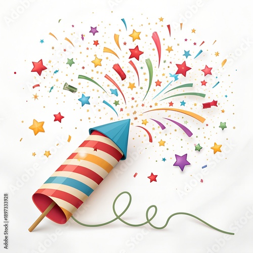 Colorful Firework Rocket with Balloons and Confetti Celebration Illustration.
