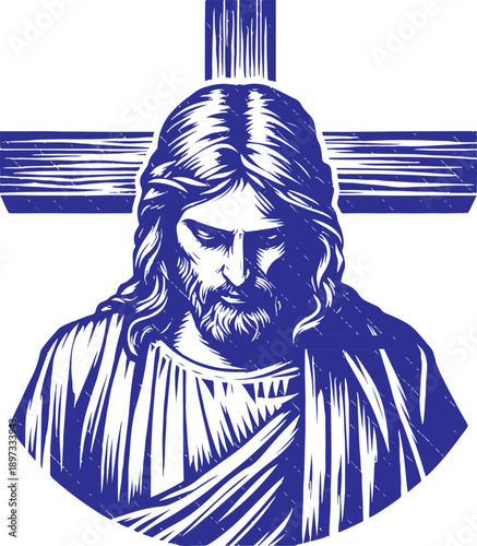 Stylized religious icon of jesus christ against a cross in a blue and white vector art style. Vector, illustration