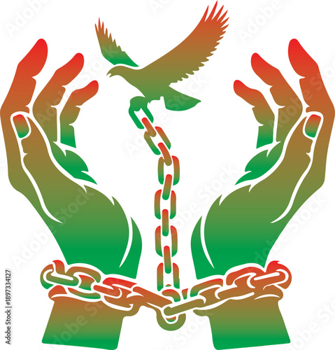 A symbolic illustration of breaking free from captivity represented by hands and a bird Vector, illustration