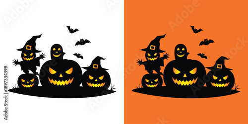 A group of jack-o'-lanterns with witch hats on a dark autumn evening from a straight-on viewpoint