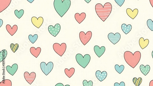 Colorful heart shapes in pastel colors on cream background