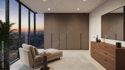 Modern bedroom interior in a skyscraper, color scheme Mocha Mousse 