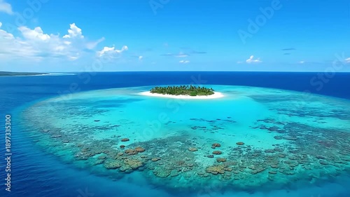 Serene tropical island paradise with crystal clear turquoise waters and vibrant coral reefs.