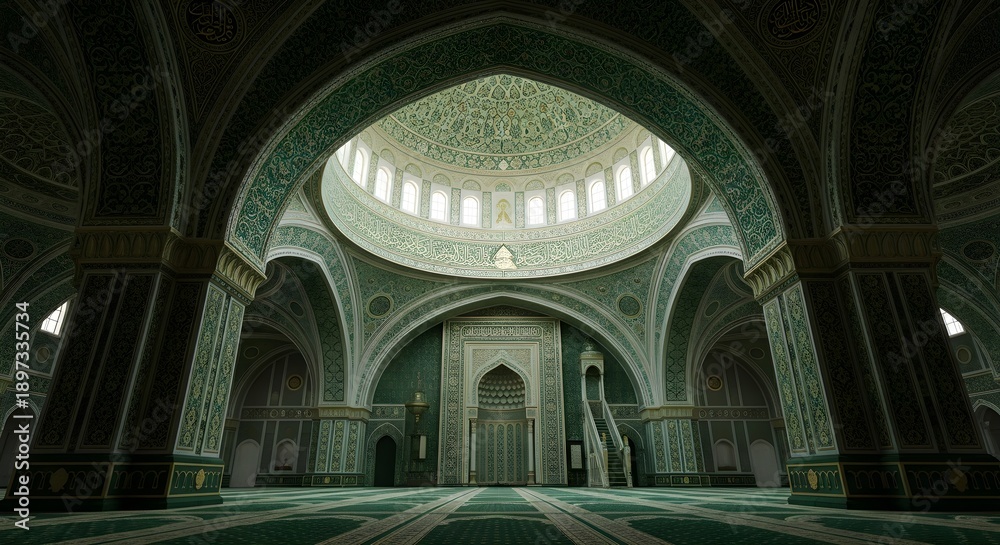 Obraz premium Grand mosque interior with arches, domes, columns, and intricate designs viewed from a central perspective