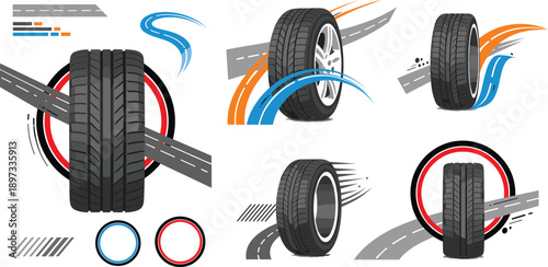 Set of car tire icons with asphalt road tracks and speed motion lines for automotive service garage and transport business vector illustration
