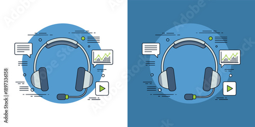 A customer service representative wearing headphones is working on a computer with various graphics and charts surrounding them in a modern office setting from a top-down viewpoint