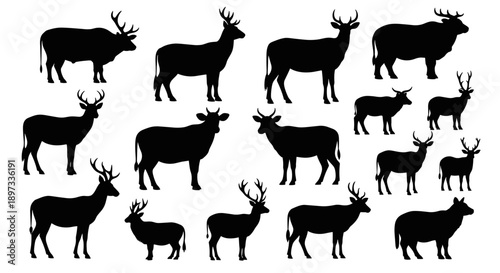 Collection of elegant deer silhouettes, showcasing diverse poses and sizes, perfect for nature, wildlife, and design projects, capturing the grace of these majestic animals