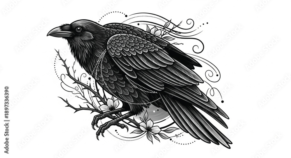 Fototapeta premium Detailed illustration of a majestic black raven perched on a flowering branch with decorative swirls and dots.